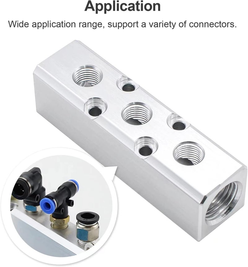 MARSTEK Air Manifold, 2 Way 4 Port Air Compressor Manifold, Aluminum Air Hose Inline Manifold Block Splitter, Pneumatic Manifold Air Distribution Block, NPT 1/2 Inch Supply Port, NPT 1/4 Inch Output Port - Image 4